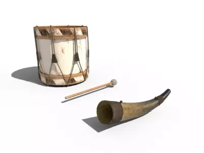 Historic war drum and signal horn Low-poly 3D model