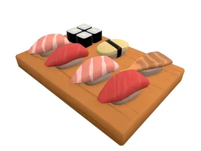 Sushi on wooden cutting board Low-poly 3D model