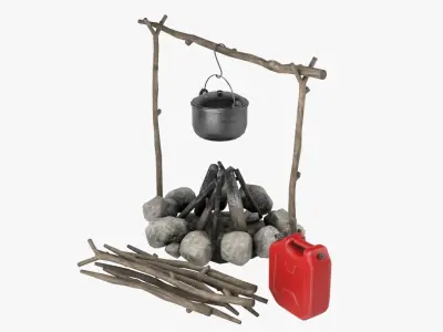 Campfire fire pit with pots and pans Low-poly 3D model