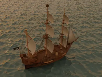 ship lowpoly model - game ready sailing in ocean at sunset Low-poly 3D model