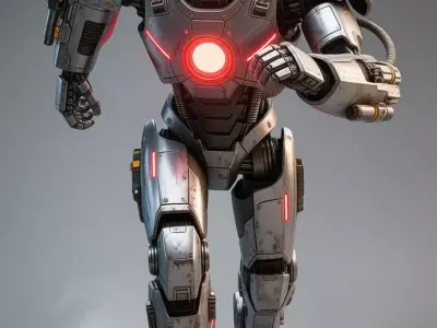 Battle Mech Robot 3D Character Red Glowing Core Weapon Arms Low-poly 3D model