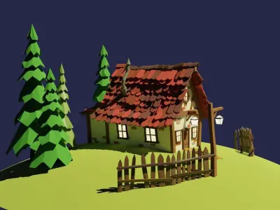 Low Poly House cottage on hill Free low-poly 3D model