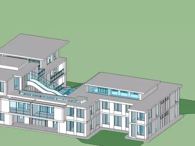 Detailed design of an office with water body and floating stairs 3D model