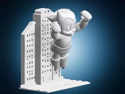 Astro Boy Flying Over City Miniature 3D print model