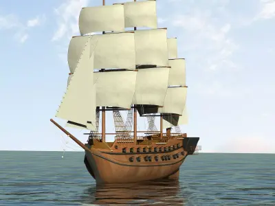 Battleship wooden sailing ship floating in ocean 3D model