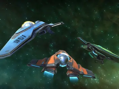 SpaceShip three spaceships flying in space Low-poly 3D model