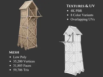 Medieval Siege Engine Tower Low-poly 3D model
