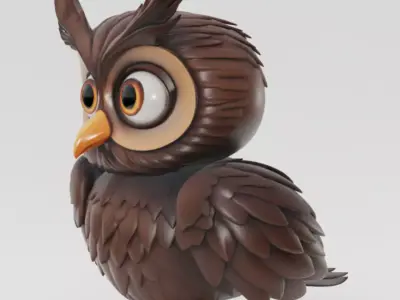 Cute Cartoon Owl 3D Fluffy Bird Big Eyes Feathered Wings Low-poly 3D model