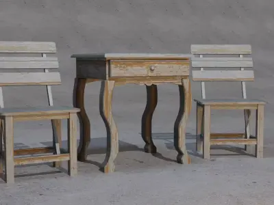 Realistic Old Vintage Wooden Chair and Table 3D model