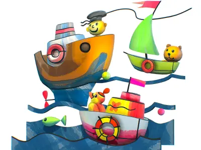 Cartoon 3D illustration Fish Ship Steamship Low-poly 3D model