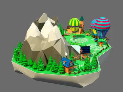 island 8 with trees and hot air balloons Low-poly 3D model
