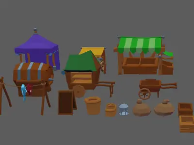 Stylized Cartoon Medieval market set Free low-poly 3D model
