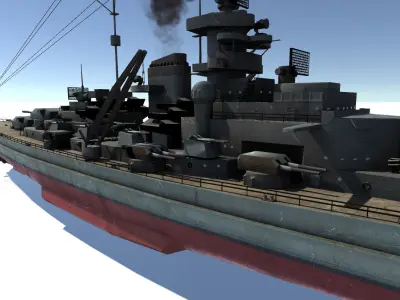Bismarck ship with smoke Low-poly 3D model