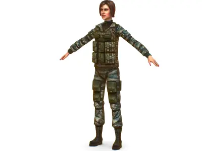 A young girl in army camouflage Low-poly 3D model