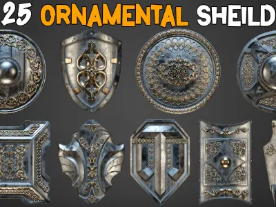 25 Ornamental Shield 3D Models LowPoly and Texture Vol 16 Low-poly 3D model