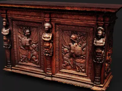 ancient wooden furniture ornaments PBR photogrammetry Low-poly 3D model