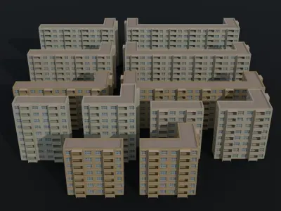 Cartoon city apartments kit Polygonal Style Low-poly 3D model