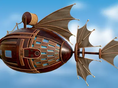 Airship PBR game ready steampunk ship flying in sky Low-poly 3D model