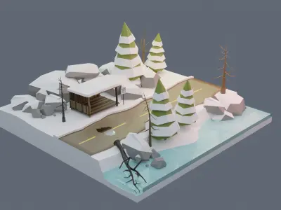 Winter Scene Animated Low-poly 3D model