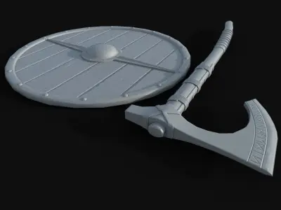 Axe and shield Low-poly 3D model