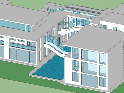 Detailed design of an office with water body and floating stairs 3D model