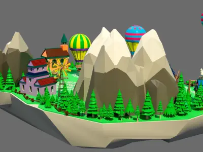 island 8 with trees and hot air balloons Low-poly 3D model