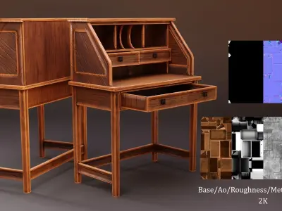 Stylized writing desk set Low-poly 3D model