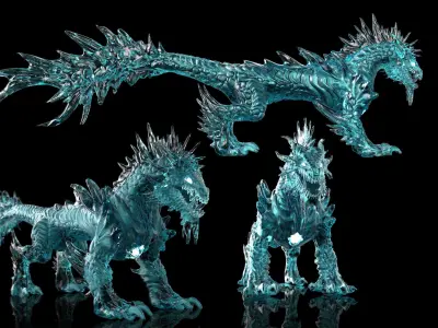 Ice dragon creature Deep dark blue 29k poly game ready Low-poly 3D model