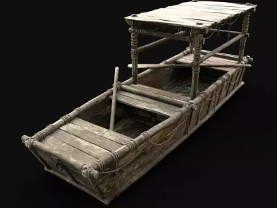 GONDOLA BOAT ROWBOAT WOODEN FISHERMAN RIVER FISH LAKE CANOE SHIP Low-poly 3D model