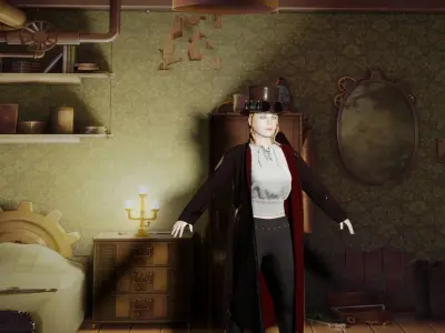 Rigged steam punk character and airship scene 3D model