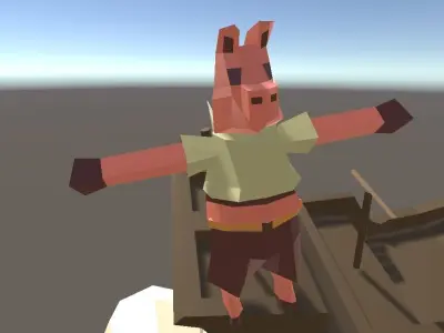 Pirate Pig humanoid pig in low poly flat style retro 3D model
