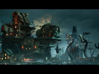 Stylized Pirate Port City Environment Low-poly 3D model