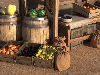 Medieval Merchant with Market Stall 3D model