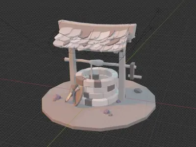 Low poly well with sword and shild aside Low-poly 3D model