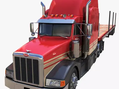 Peterbilt 377 flatbed trailer truck Low-poly 3D model