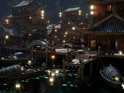 Chinese Lakeside Town Environment Low-poly 3D model