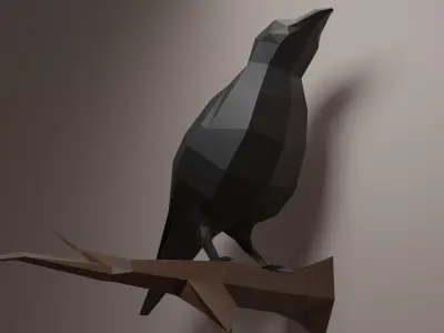 Crow low poly 3d model raven on branch 3D model