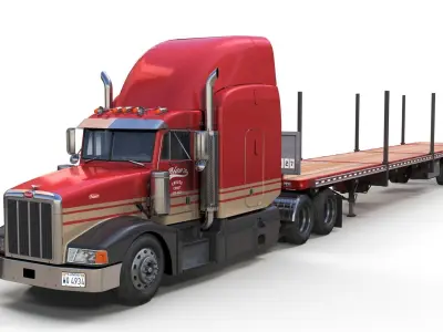 Peterbilt 377 flatbed trailer truck Low-poly 3D model