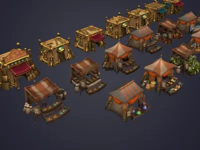 Medieval Market Vegetable Stalls Tent Pack Low-poly 3D model