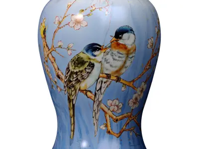 ZEDARO Sakura and Birds Blue Ginger Jar Ceramic Table Lamp 3D model