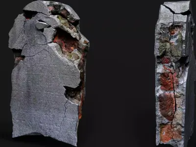 damaged plaster wall bricks part PBR photogrammetry Low-poly 3D model