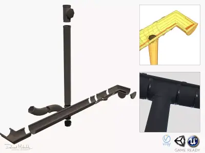 Old Black Gutter System PBR Low-poly 3D model