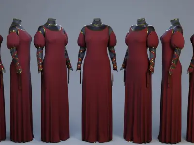 Blood-Red Velvet Medieval Dress -Clean Quad Topology- 3D model