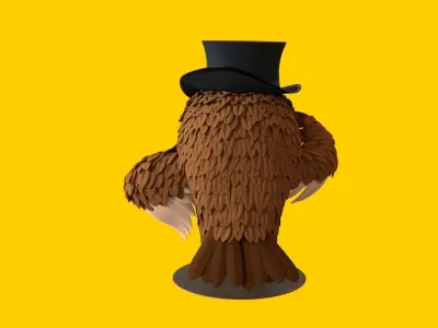 Stylized Cartoon Owl Character with Top Hat Glasses and Bow Tie Low-poly 3D model