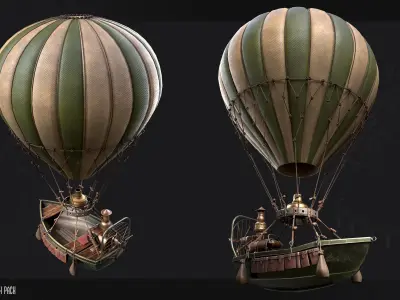 Steampunk Air Balloon Boat Model Game Ready Kitbash Textured Low-poly 3D model