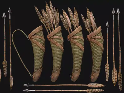 Wooden Bow and Quiver Ranger Set Medieval  Low-poly 3D model