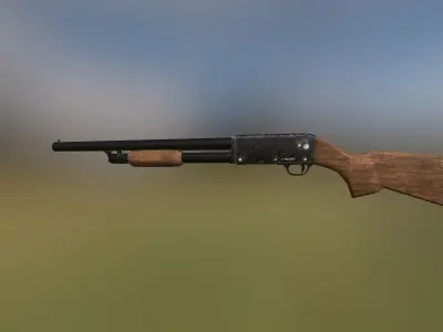 Shotgun 3D model wooden on grassy field Low-poly 3D model