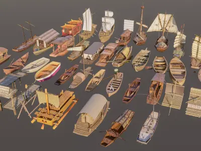 Wooden boat collection 1 Low-poly 3D model