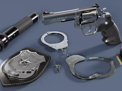 Detective Props Kit - Magnum Gun-Bullet-Police Badge-Handcuffs 3D model