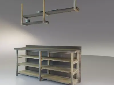 Rustic wooden kitchen counter with shelves Free low-poly 3D model